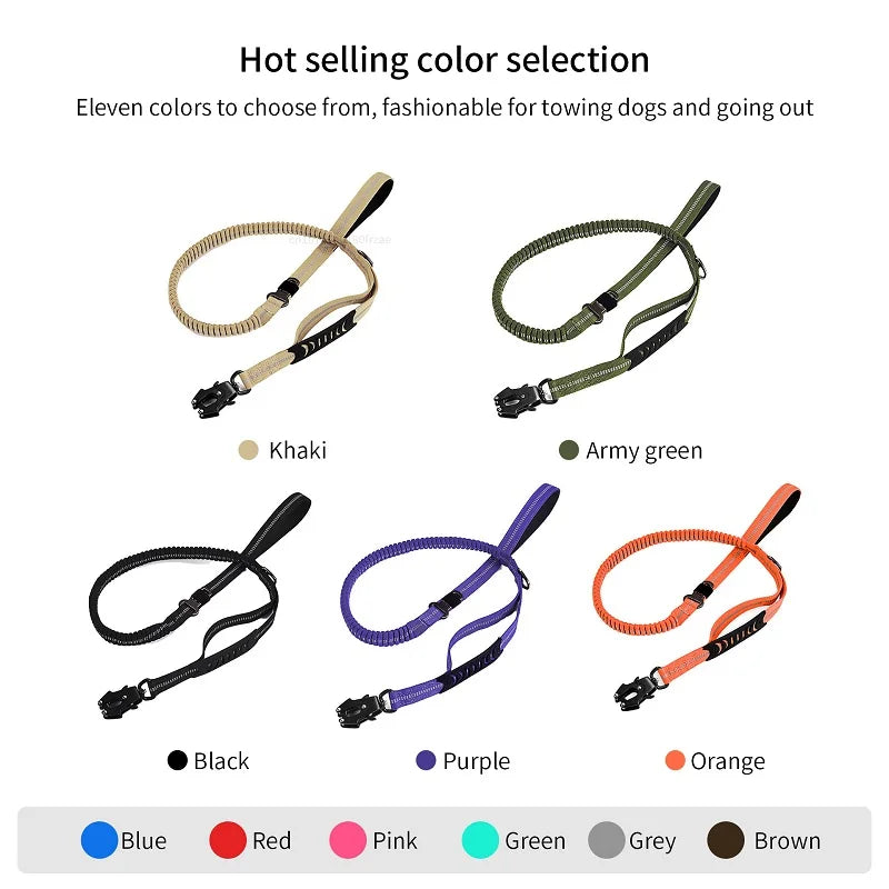 Heavy Duty Tactical Bungee Dog Leash – No Pull Reflective Shock Absorbing Leash with Car Seatbelt for Large Dogs.