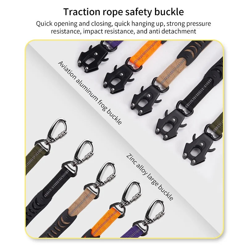 Heavy Duty Tactical Bungee Dog Leash – No Pull Reflective Shock Absorbing Leash with Car Seatbelt for Large Dogs.