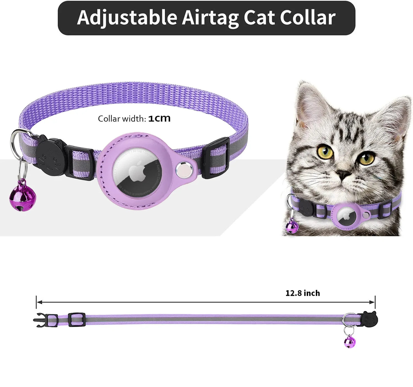 Anti-Lost Pet Cat Collar – Waterproof Reflective Collar with Apple Airtag Holder for Tracking and Positioning (Air Tag not Included).