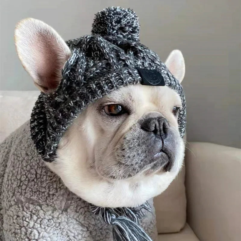Winter Warm Dog Hats Windproof Knitting French Bulldog Hat For Dogs Chihuahua Hat Fluffy Ball Pet Hat Puppy Accessories