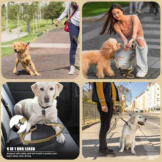 Heavy Duty Tactical Bungee Dog Leash – No Pull Reflective Shock Absorbing Leash with Car Seatbelt for Large Dogs.