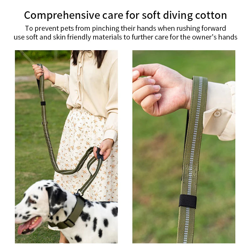 Heavy Duty Tactical Bungee Dog Leash – No Pull Reflective Shock Absorbing Leash with Car Seatbelt for Large Dogs.