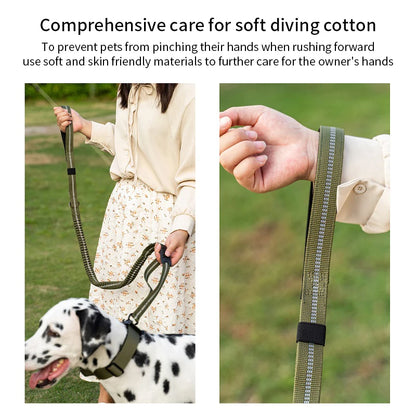 Heavy Duty Tactical Bungee Dog Leash – No Pull Reflective Shock Absorbing Leash with Car Seatbelt for Large Dogs.