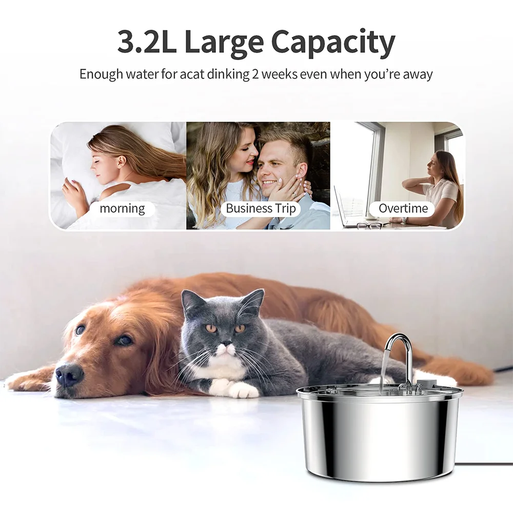3.2L Stainless Steel Cat Water Dispenser With Quiet Water Pump Filter Pet Drink Feeder For Cats Dogs Drinking Fountain Bowl