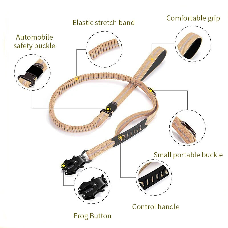 Heavy Duty Tactical Bungee Dog Leash – No Pull Reflective Shock Absorbing Leash with Car Seatbelt for Large Dogs.