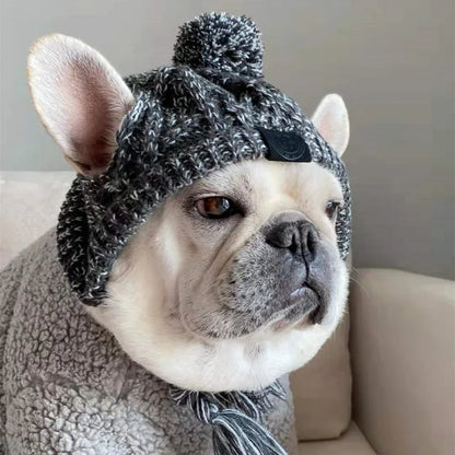 Winter Warm Dog Hats Windproof Knitting French Bulldog Hat For Dogs Chihuahua Hat Fluffy Ball Pet Hat Puppy Accessories